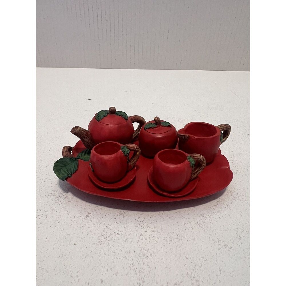 MINIATURE APPLE TEA SET Mini Teacher Decor Back To School Cups‎ 1990s Resin